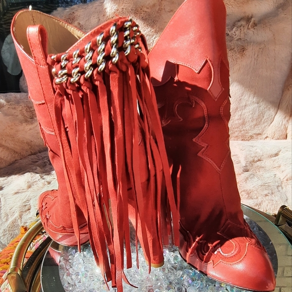 ZARA red suede fringe chain western bootie - Picture 4 of 10